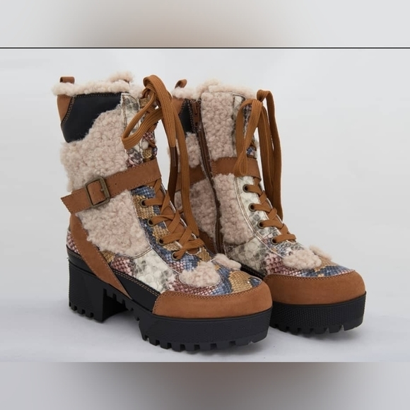 Shoes - SNAKESKIN print with brown trim, sherpa lined interior, platform boot